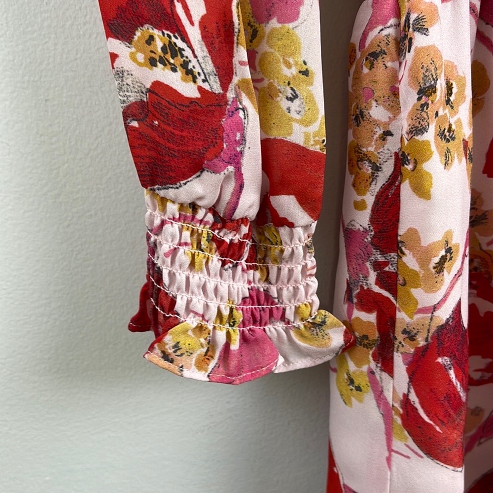 Parker Silk Dress Floral Long Sleeve Mini Size Medium Red Flowy Spring Summer - Picture 3 of 12